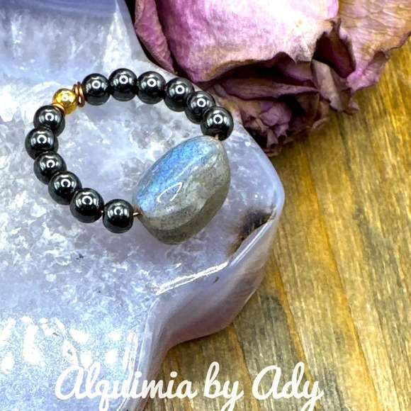 Hematite beaded gem ring labradorite bohemian lux fall vibes gothic - Picture 1 of 5